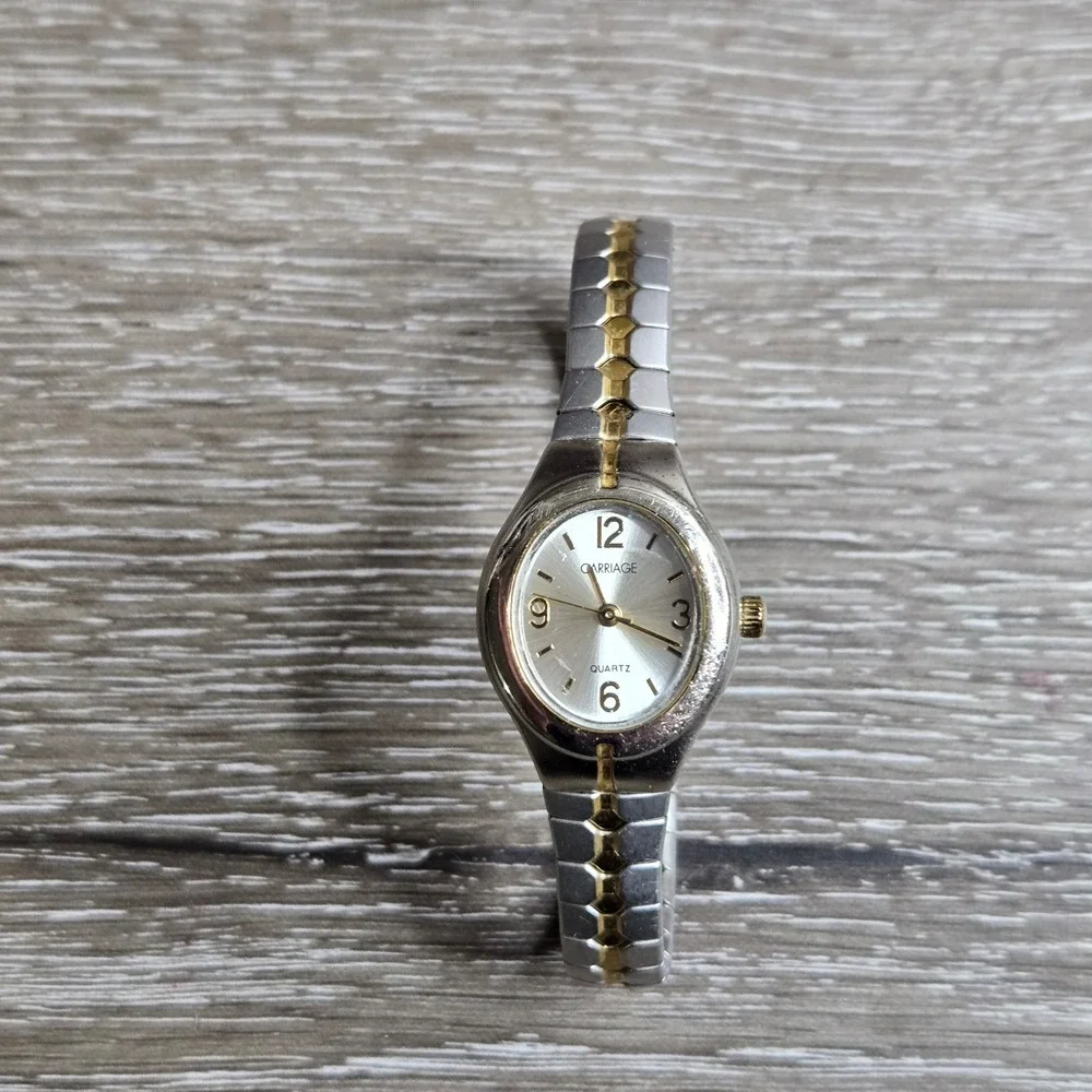 Timex Carriage Women's Quartz Watch Silver Gold Tone Stretch Band Analog Dress